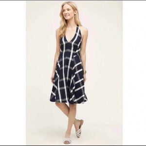 Eva Franco Anthropologie Anya Navy Plaid Linen Blend Halter Dress Size 2
